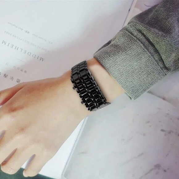 LED Digital Watch, Black & Red Stainless‎ Steel Lava Style, Samurai Bracelet - Picture 7 of 13